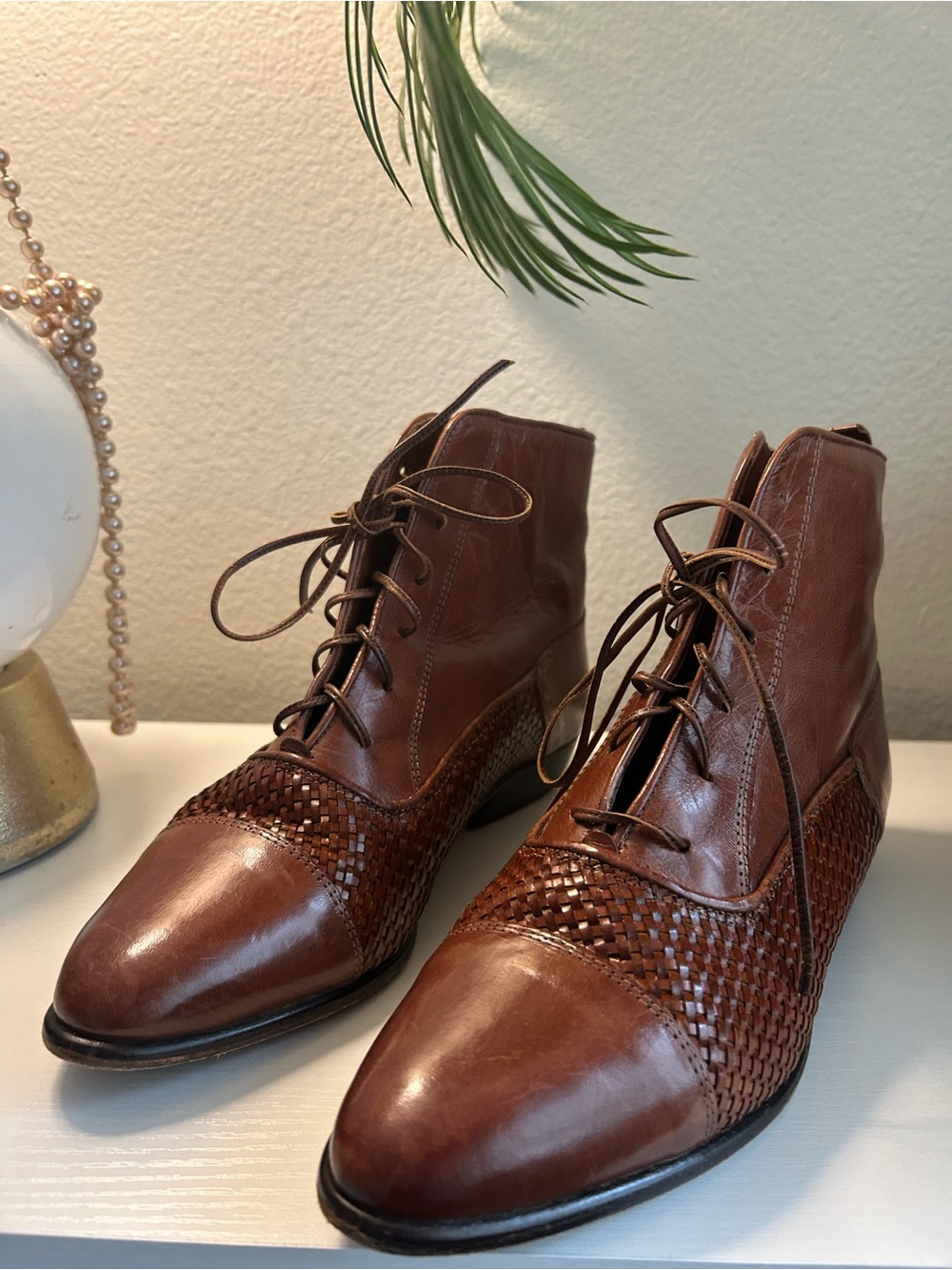 Authentic Vintage Saks Fifth Avenue Brown Woven Leather Lace-Up Ankle Boots